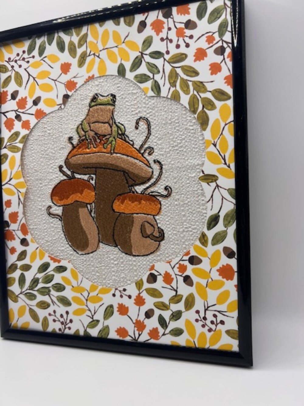 Homemade Frog On Mushroom 8X10 Framed Embroidery Art - Picture 4 of 6